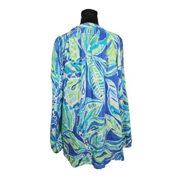 Lilly Pulitzer M Blue Green Bamboo Tropical Poet Sleeve Blouse Button Rayon Top - Picture 3 of 5